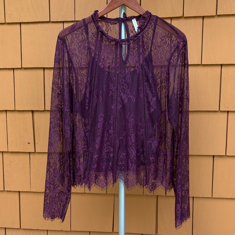 XHILERATION | Burgundy Dark Whimsigoth Romantic Feminine Lace Blouse | Size XL